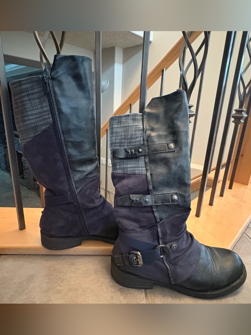 Rieker Over-the-Knee Buckle Boots in Dark Blue and Black